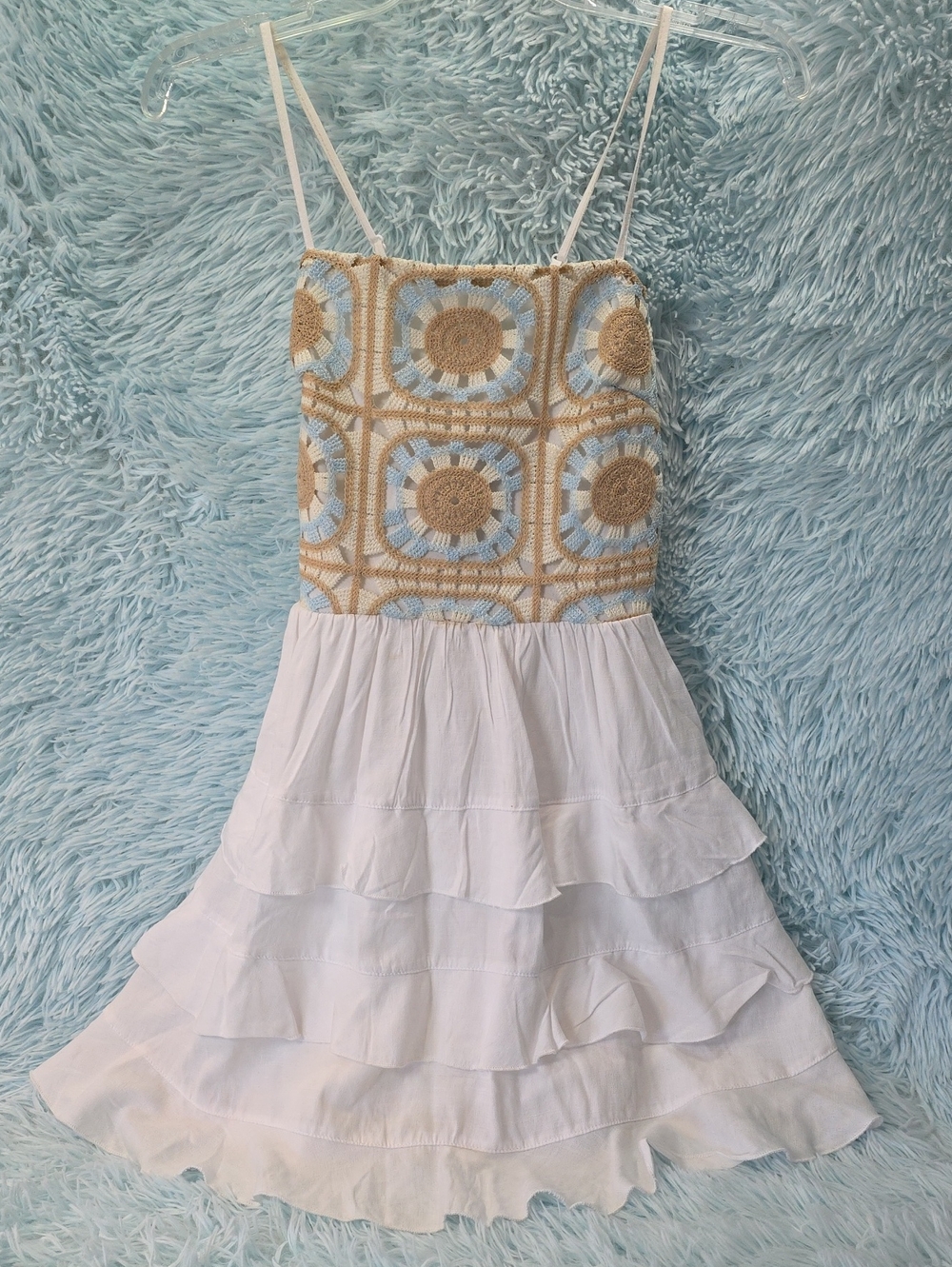 Miami White & Tan Crochet Bodice Tiered Sundress XS
